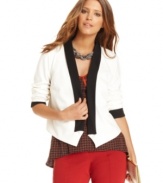 In a graphic black and white, this tuxedo-style Bar III blazer is perfect for adding a menswear appeal to your look!