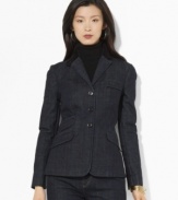 Lauren Jeans Co.'s polished tailored essential is elegantly updated in a stylish dark denim with a preppy corduroy-trimmed collar for a chic heritage look.