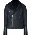 Inject modern style into your cool weather wardrobe with Iros textured leather biker jacket, finished with a jet black shearling interior for an ultra luxurious, cozy finish - Snapped notched lapel, off-center front zip, zippered slit pockets, long sleeves, zippered cuffs, belted sides - Contemporary straight fit - For a casual finish, wear with cool flannels and deconstructed jeans