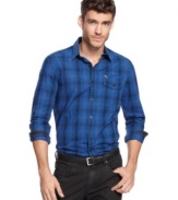 A hip checkered pattern and classic elbow patches give this Kenneth Cole New York button down its unique style.