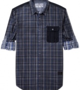 Your basic plaid gets a modern upgrade with this DKNY Jean shirt, featuring roll up sleeves and a contrast color pocket.
