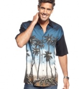 Keep it natural. You'll be getting good vibes when you sport this sweet palm-print shirt from Campia Moda.