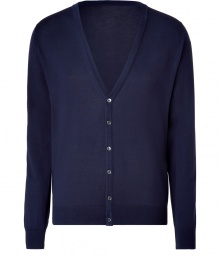 Stylish cardigan in fine, pure navy cotton - Super-soft, densely woven fabric feels great against the skin - Elegant, deep v-neck and rib trim at cuffs and hem - Button placket extends from chest to hem - Modern silhouette is straight and fitted - A polished, versatile basic in any wardrobe - Dress up with a button down, ankle-cropped trousers and leather lace-ups, or go for a more casual look with a t-shirt, jeans and trainers