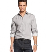Slim-fitted for a tailored look. Style classic dark denim or wool trousers with a sleek button front shirt by Alfani RED.