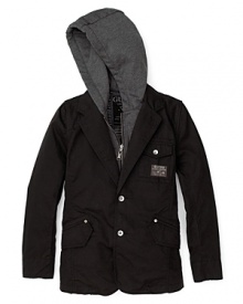 The best of both worlds: this versatile GUESS blazer hoodie features a soft knit hood on a structured silhouette for your aspiring little gentleman. The best of both worlds: this versatile GUESS blazer hoodie features a soft knit hood on a structured silhouette for your aspiring little gentleman.