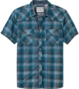 Do you say gas or petrol? Vintage fitted snap button short sleeve multi-tonal plaid shirt by Guess Jeans.