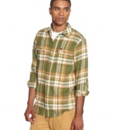 Brighten up your plaid collection with this stylishly colorful button down by Rocawear.