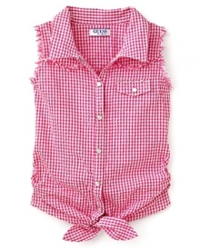 With cutoff sleeves and stud details this western-inspired tie up top from GUESS Kids will add a stylish pop to everyday attire. With cutoff sleeves and stud details this western-inspired tie up top from GUESS Kids will add a stylish pop to everyday attire.