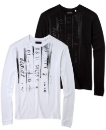 Long on style. These long-sleeve t-shirts from Guess are a warm addition to your fall wardrobe. Long on style. These long-sleeve t-shirts from Guess are a warm addition to your fall wardrobe.