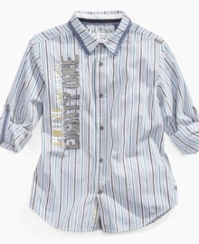 Put it all out there. Let everyone know he's got out-of-the-box style with this striped shirt from Guess.