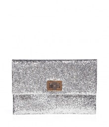 Luxe clutch in fine, pure silver leather and cotton/PVC - A covetable cocktail essential from London It-label Anya Hindmarch - Glam, glitter fabric - Classic envelope shape with 14kt gold-plated turnlock flap closure - One interior open pocket - Suede lining - Height: 6.5 - Length: 9 - Diameter: 0.5 - Elegant and eye-catching, a must for parties and evenings out! Luxe clutch in fine, pure silver leather and cotton/PVC - A covetable cocktail essential from London It-label Anya Hindmarch - Glam, glitter fabric - Classic envelope shape with 14kt gold-plated turnlock flap closure - One interior open pocket - Suede lining - Height: 6.5 - Length: 9 - Diameter: 0.5 - Elegant and eye-catching, a must for parties and evenings out!