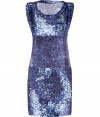 Stylish dress in fine, blue-patterned silk has a wonderfully soft quality - Cut is narrow waisted, with round neckline, wide armholes - Wide waist-enhancing, wrap tie at back - Short skirt length - Tremendously cool, feminine and flattering, creates a gorgeous, flattering figure - Pair for a trendy party with platform pumps, booties or sandals