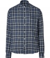 The classic flannel gets a contemporary remake in Iros deconstructed cotton plaid version, a Downtown-cool choice tailored to all-season sophistication - Short stand-up frayed collar, long sleeves, buttoned cuffs, button-down front, white stitching, shirttail hemline - Modern straight fit - Wear with edgy leather jackets and dark washed skinny jeans