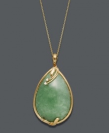 Peace and serenity are common themes behind this beautiful Effy Collection pendant. Crafted from solid jade (68 mm) this fluid style highlights sparkling diamond accents and an intricate setting. Crafted in 14k gold. Approximate length: 18 inches. Approximate drop: 2 inches x 1 inch. Peace and serenity are common themes behind this beautiful Effy Collection pendant. Crafted from solid jade (68 mm) this fluid style highlights sparkling diamond accents and an intricate setting. Crafted in 14k gold. Approximate length: 18 inches. Approximate drop: 2 inches x 1 inch.
