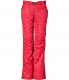 Make a chic statement on the slopes in Jet Sets bright red ski pants, finished with a flattering cut guaranteed to show off your sporty side in style - Zip fly, zippered front pockets, adjustable belt in front, straight leg with silver star circle print, flared zippered ankles, elasticized band at the ankle with silicon for hold - Fitted through the knee - Wear with figure-hugging turtlenecks and cozy shearling lined boots