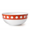 Spot on. This Mod Dot serving bowl from Jonathan Adler's collection of serveware and serving dishes gives any meal a stylish boost with a bold orange and white palette. Gold trim adds an opulent touch.