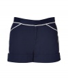 Stylish shorts in fine, pure navy blue washed cotton - Cream rope piping lends the look a touch of on-trend, maritime chic - Wide, cuffed hem and tab closure waist - Flap pockets at rear, diagonal pockets at sides - Medium rise sits comfortably at hips - A feminine, summer-ready take on casual, utilitarian cool - Pair with t-shirts, button downs or tunic tops and leather sandals or wedges