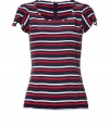 Silk top brings nautical look to real-life in fashionable stripes of navy, red and white - Features a crew neck and short flutter sleeves - Slim fit - Concealed zip at back - Pair with skinny jeans or shorts - Create a relaxed look with thong sandals or dress it up with strappy heels