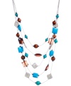 Funky, chunky and fun. Playful shapes and bright colors adorn Haskell's vibrant illusion necklace. Five delicate rows are adorned with faceted acrylic turquoise and wooden beads, mixed with silver-plated mixed metal setting and accent beads. Approximate length: 18 inches + 3-inch extender. Approximate drop: 4-1/2 inches.