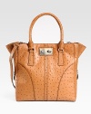 Gorgeous ostrich-stamped leather in a roomy top-handle carryall, perfectly sized to take you from work to weekend.Double top handles, 7 dropDetachable shoulder strap, 19 dropTop turnlock closureOne outside open pocketExpandable zip gussetsOne inside zip pocketTwo inside open pocketsFaille lining12½W X 13½H X 2¼DImported