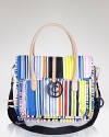 Introduce a bright burst with this striped canvas satchel from Juicy Couture. Cleverly designed with pockets and a convertible strap, this bag will take you on your next trip with flair.