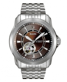 A new dimension of style from Bulova. Watch features a stainless steel bracelet and case with exhibition caseback and screw back oscillator details. Brown patterned dial with logo, silvertone markers, subdial revealing the inner workings and domed mineral crystal. Three-hands. Self-winding mechanical movement. Water resistant to 30 meters. Three-year limited warranty.