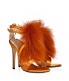 Make dramatic statement at your toes with Emilio Puccis exquisite fur trimmed satin sandals, detailed in rich mango for a luminescent finish - Buckled ankle straps, stiletto heel - Pair with modern-retro printed sheath dresses and just as bright accessories