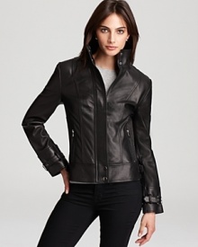 A polished version of the moto style, this Via Spiga leather jacket has all the edgy details you desire in a tailored silhouette you can work over a dress as easily as distressed denim.