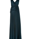 Turn heads at your next formal event or gala in this floor-length gown from Collette Dinnigan - Designed in dark teal silk satin with crystal embellishment at shoulders, V-neck in front and back, wrapped bodice with side hook and eye closures, hidden side zip - Beautiful draping is soft and feminine, highlighting the figure - Wear with silver-colored heels, a cashmere shawl and favorite clutch