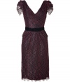 Take on this seasons love for everything lace with Collette Dinnigans glossy black and ruby cocktail sheath, detailed with a black velvet flat bow sash for that romantic, feminine feel - V-neckline in front and back, puffed cap sleeves, scalloped trim, draped waist detail, adjustable sash with hidden snap and hook closures, hidden back zip - Fitted, falls to the knee - Team with platform pumps and a statement metallic clutch