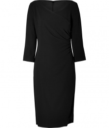 Inject a timeless feminine accent into your Little Black Dress collection with Ralph Lauren Blacks ultra sleek 3/4 sleeve stretch dress - V-neckline, 3/4 sleeves, gathered side, hidden back zip - Fitted - Wear to work with sleek leather boots and a carryall tote, or try for cocktails with heels and a clutch