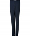 Exquisitely tailored with a flawless slim fit, Jil Sanders navy stretch wool trousers are a wardrobe staple guaranteed to give your look a seamlessly sophisticated edge - Side and buttoned back slit pockets, hidden hook closure, belt loops, flat front - Contemporary slim fit - Wear with an immaculately cut shirt and matching slim fit blazer