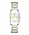 Simply stunning. ESQ by Movado crafted this breathtaking timepiece as part of the Kingston collection. Two-tone stainless steel bracelet and rectangular case. Bezel embellished with 38 diamond accents at left and right. Textured, white, mother-of-pearl dial features goldtone Roman numerals at twelve, three, six and nine o'clock, two hands and logo. Swiss movement. Water resistant to 30 meters. Two-year limited warranty.