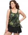 With a blouson style this plus size Swim Solutions tankini top is both figure flattering & feminine. The lush floral print turns a dip in the pool into a tropical getaway!