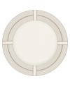Metallic bronze lines meet and curve to create a sleek geometric pattern on this round serving platter from Noritake's collection of serveware and serving dishes. Crafted in durable bone china and trimmed with platinum for fine dining or everyday use.