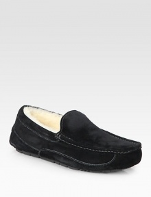 Sheepskin-lined suede with a sheepskin sockliner that naturally wicks away moisture to keep feet dry and warm. Moccasin stitching Molded rubber indoor/outdoor outsole Imported Sheepskin-lined suede with a sheepskin sockliner that naturally wicks away moisture to keep feet dry and warm. Moccasin stitching Molded rubber indoor/outdoor outsole Imported