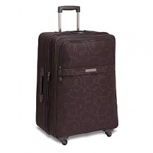 Expandable mobile travel bag - for the traveler on the go! Multiple zip pockets for additional organization and a personal accessory zip pocket make sorting an ease. Padded garment straps to hold clothes securely with two hideaway zip compartments for jewelry and small accessories. Slipper satchel keeps shoes and clothes protected, or great for electronics and hosiery, with elegant amethyst drawstring. Dark nickel hardware.