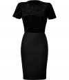 With its liquid-like textural velvet top and sleek matte skirt, LAgences black combo dress counts as one of our festive favorites - Round neckline, short sleeves, gathered shoulders, hidden back zip - Softly fitted top, form-fitting skirt - Wear with sparkly jewelry and statement heels