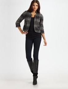 Classic plaid highlights closely-cropped design, crafted from a woven wool/mohair blend.Stand collarOpen frontThree-quarter sleevesFlap pocketsAbout 19 from shoulder to hem39% wool/21% polyacrylic/16% mohair/12% nylon/12% polyesterDry cleanImportedModel shown is 5'9 (175cm) wearing US size 4. Classic plaid highlights closely-cropped design, crafted from a woven wool/mohair blend.Stand collarOpen frontThree-quarter sleevesFlap pocketsAbout 19 from shoulder to hem39% wool/21% polyacrylic/16% mohair/12% nylon/12% polyesterDry cleanImportedModel shown is 5'9 (175cm) wearing US size 4.