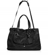 Contemporary daytime looks get a kick of downtown-cool with Vanessa Brunos super soft black leather convertible tote - Magnetic top snap, zippered front pocket, luggage tag and key ring, belted top, removable buckled shoulder strap, two internal sections, zippered middle pocket, inside zippered back wall pocket, two front wall slot pockets - Perfect for work or city excursions