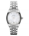 A ring of crystal accents surround a luminous mother-of-pearl dial on this stunning Emporio Armani watch.