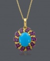 Elegance and vivacity defined. Pendant from CARLO VIANI® features an oval-cut turquoise (3-1/3 mm) surrounded by amethyst (3-1/3 ct. t.w.) in a 14k gold setting. Approximate length: 18 inches. Approximate drop: 1 inch.