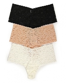 A soft stretchy lace thong in a vintage-inspired cut with a thick high-waist lace waistband.