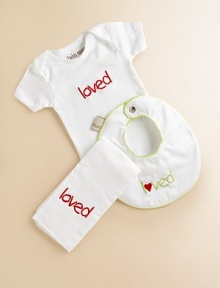 Three soft and comforting baby basics of plush cotton, adorably embroidered to remind everyone how special your little one is. The gift-boxed set includes: Snap-bottom, short-sleeve bodysuit Snap-close bib with terry backing Burp cloth Embroidery as shown Cotton Machine wash Made in USA Three soft and comforting baby basics of plush cotton, adorably embroidered to remind everyone how special your little one is. The gift-boxed set includes: Snap-bottom, short-sleeve bodysuit Snap-close bib with terry backing Burp cloth Embroidery as shown Cotton Machine wash Made in USA