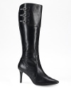 Three smart buckles top Lauren by Ralph Lauren's slim-heeled leather boots, a sharp finish to autumn's chic silhouettes.