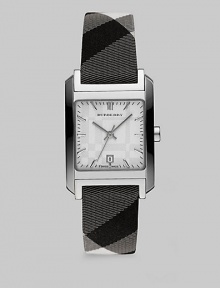 Stainless steel case with check print strap. Quartz movement Water resistant to 5 ATM Rectangular stainless steel case, 25mm (1) X 29 (1.1) Smooth bezel Check etched dial Bar hour markers Date display at 6 o'clock Second hand Beat check strap, 16mm wide (0.6) Made in Switzerland 