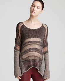 Love the skin your in and flaunt it in this sheer Helmut Lang sweater with contrasting knit panels for a color-blocking effect. Teamed with sleek leather pants, the high-impact look is fashion-forward and fantastic for fall. Love the skin your in and flaunt it in this sheer Helmut Lang sweater with contrasting knit panels for a color-blocking effect. Teamed with sleek leather pants, the high-impact look is fashion-forward and fantastic for fall.