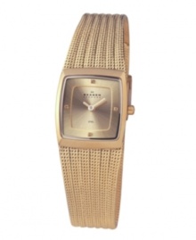 All the elegance of fine jewelry. Stunning watch by Skagen Denmark crafted of gold-plated stainless steel striped mesh bracelet and square case. Gold tone sunray dial features crystal accents at twelve, three, six and nine o'clock, two hands and black logo. Quartz movement. Water resistant to 30 meters. Limited lifetime warranty. All the elegance of fine jewelry. Stunning watch by Skagen Denmark crafted of gold-plated stainless steel striped mesh bracelet and square case. Gold tone sunray dial features crystal accents at twelve, three, six and nine o'clock, two hands and black logo. Quartz movement. Water resistant to 30 meters. Limited lifetime warranty.