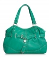 Trend-right buckle detailing gives this classic satchel silhouette a look that will stir up some serious handbag envy. This pretty design by Nine West features silvertone hardware, a signature charm and buckle detail at center.