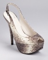 In glossy, snake embossed leather, Stuart Weitzman's Vevey platforms boast a petite peep toe and adjustable slingback.